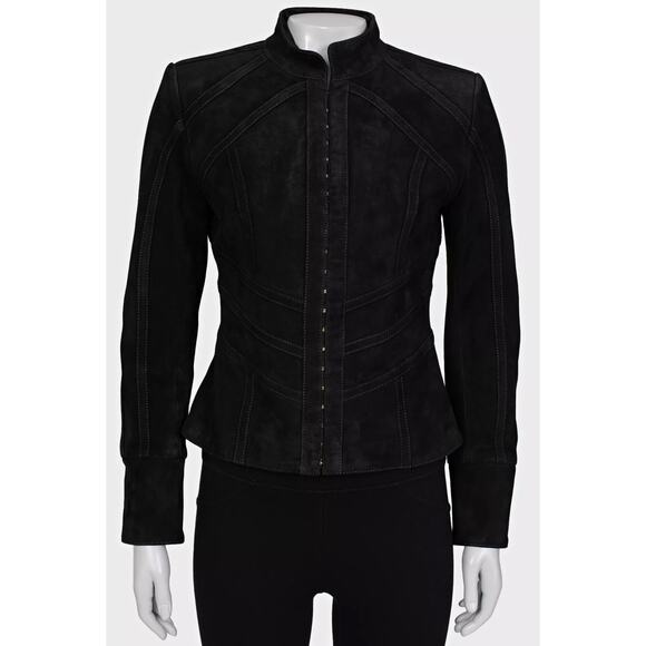Balmain Black Suede Jacket with Gold Hardware - Size 38